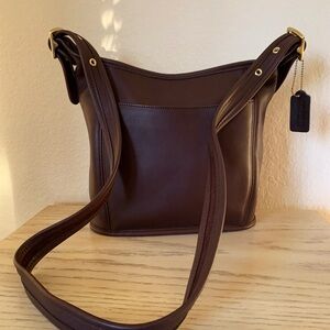 Coach Brown Slim Duffle Leather Shoulder Bag with Gold Hardware